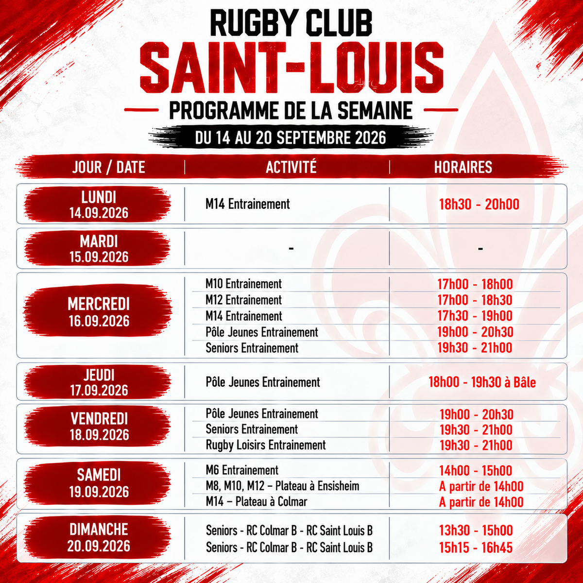 RCSL - PROGRAMME SEMAINE 14 AU 20.09.2026