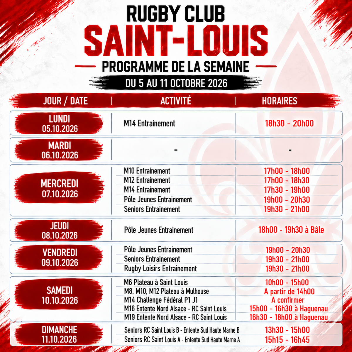 PROGRAMME SEMAINE 05 AU 11.10.2026