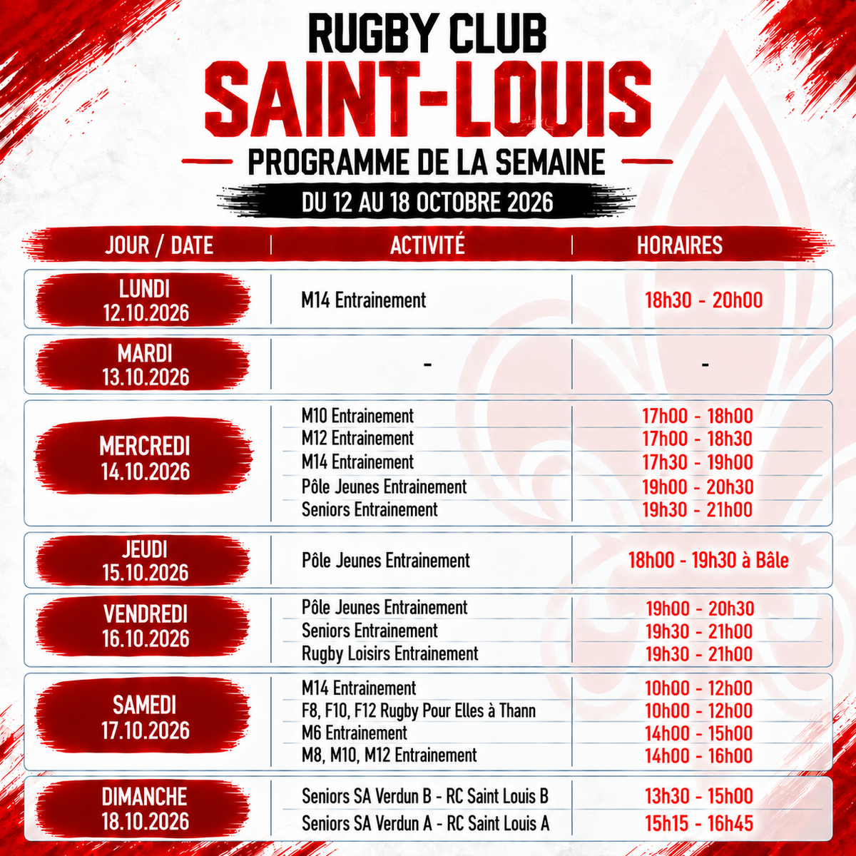 PROGRAMME SEMAINE 12 AU 18.10.2026