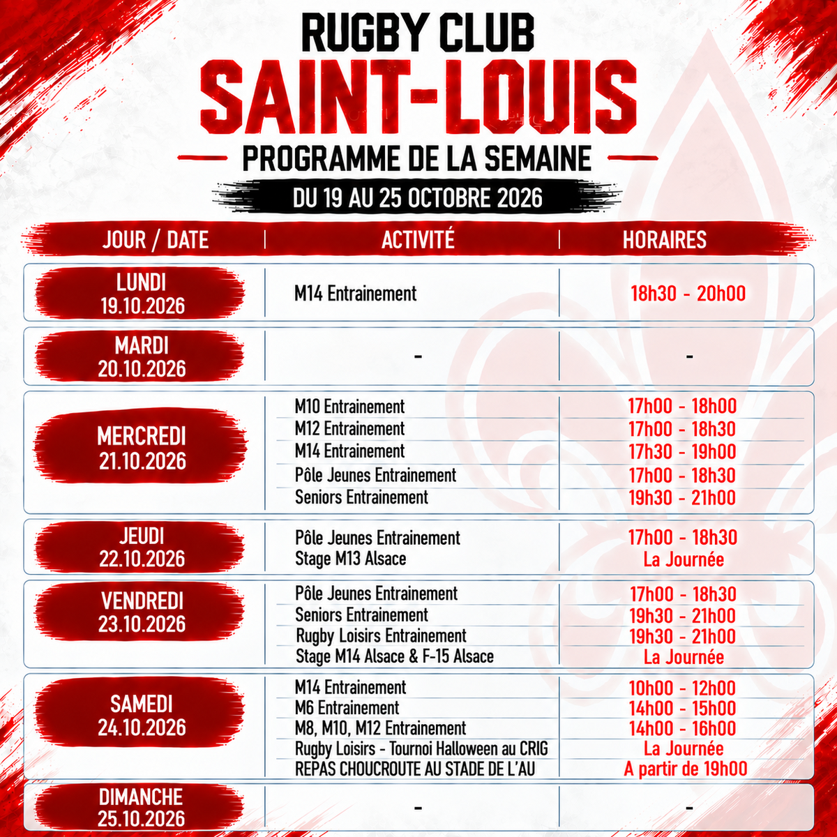 PROGRAMME SEMAINE 19 AU 25.10.2026